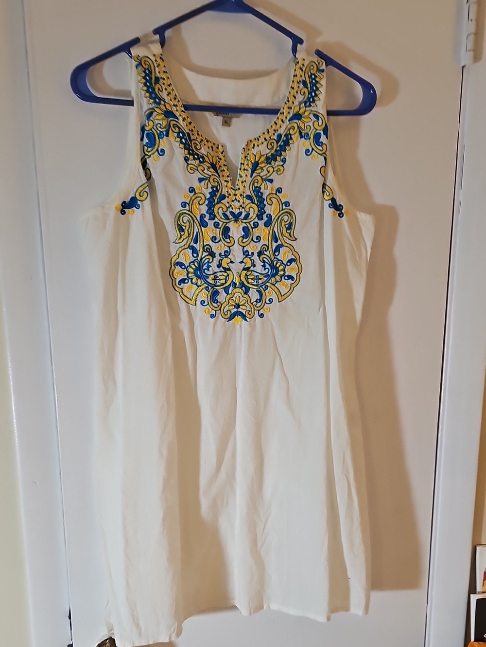 Global Desi Cream Tunic with Blue and Yellow Embroidery